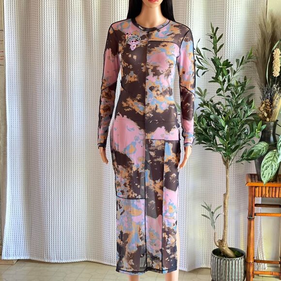 NWOT Care Bears Tie Dye Sheer Mesh Maxi Dress Long Sleeve Grunge Bodycon Size S - Picture 2 of 8